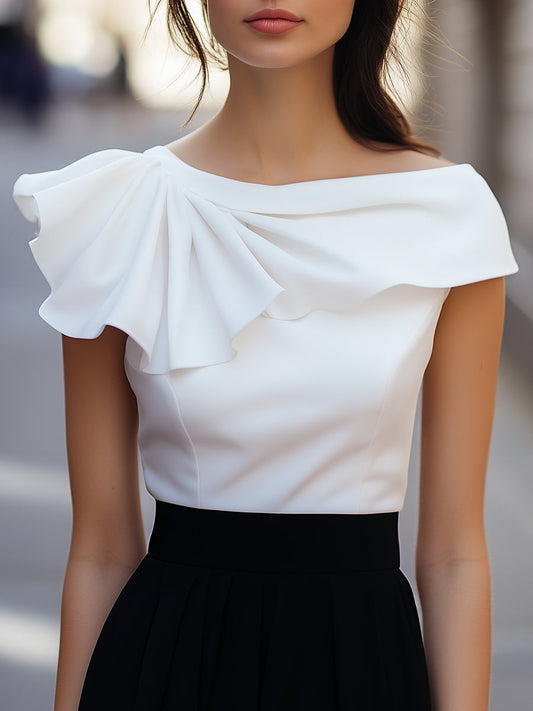 Chic Asymmetric Ruffle Blouse with Boat Neck MLZ