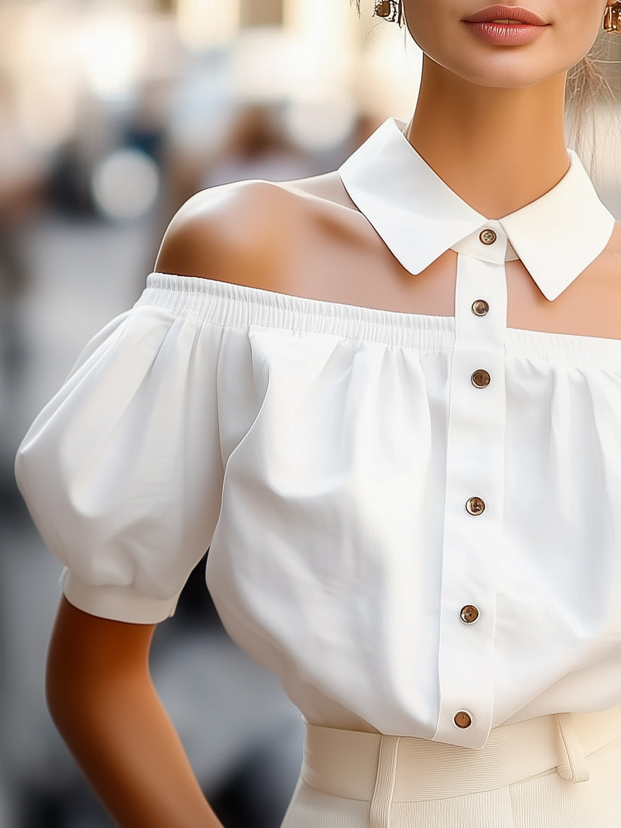 Chic Off-Shoulder Button-Up Blouse with Statement Collar MLZ
