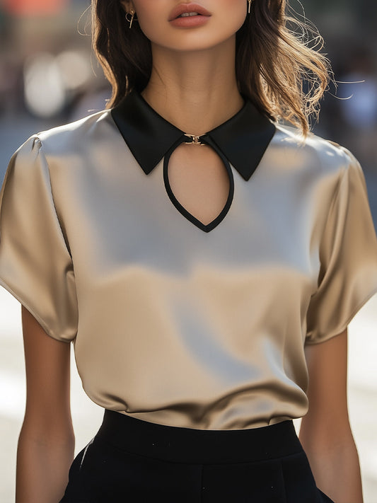 Contrast Collar Satin Keyhole Blouse XYS