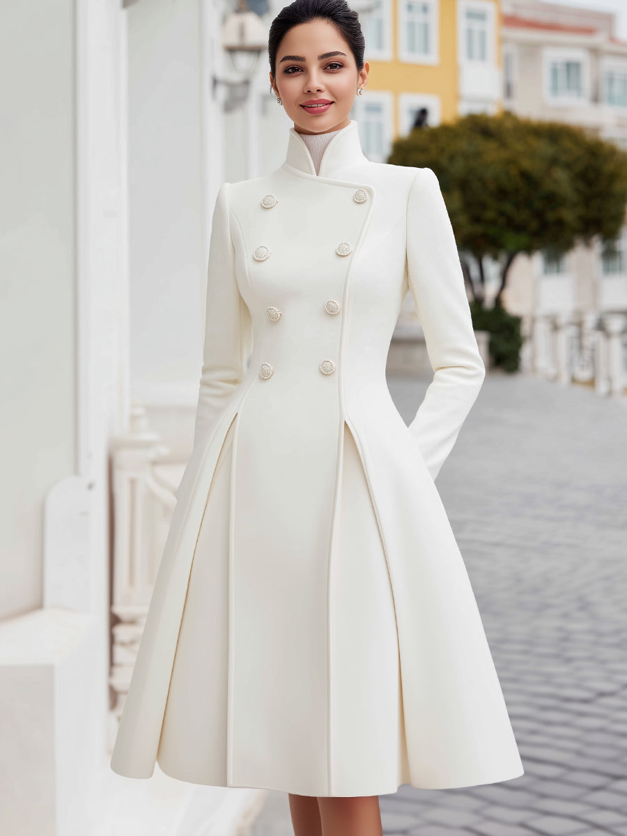 Elegant Double-Breasted Flared A-Line Coat Dress MLZ