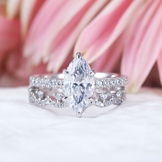 Vintage 2pcs Marquise Cut Sterling Silver Ring Set with Lace Band Shine of Diamond
