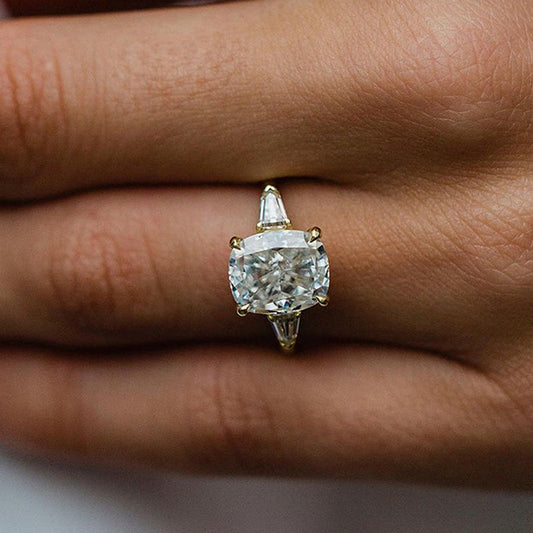 Exquisite Golden Tone Cushion Cut Three Stone Sterling Silver Engagement Ring Shineofdiamond