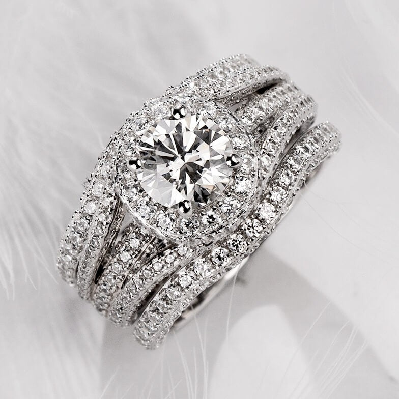 2.85CT 3-Piece Halo Round Cut Sterling Silver Bridal Sets Shineofdiamond