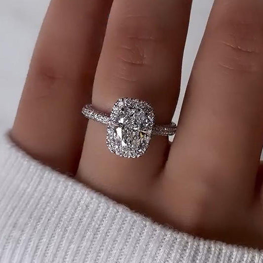 Unique Halo Oval Cut Engagement Ring In Sterling Silver shineofdiamond