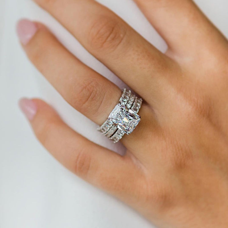 Luxurious 3PCS Radiant Cut Sterling Silver Wedding Bridal Set Shineofdiamond