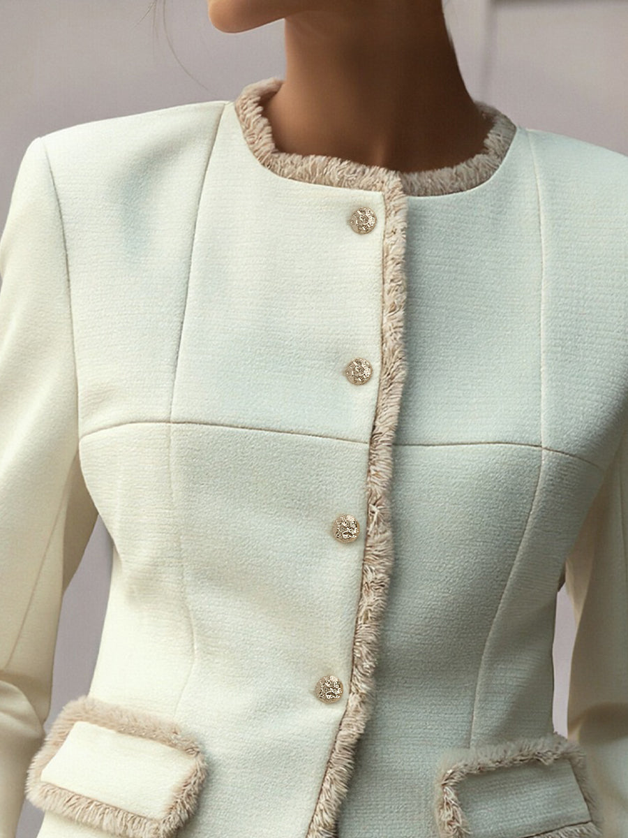 Elegant Cream Textured Blazer With Decorative Trim SN