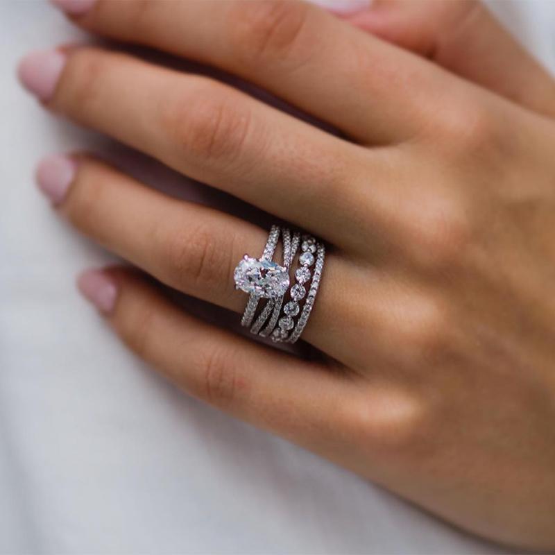 4PCS Elegant Oval Cut Wedding Bridal Set In Sterling Silver Shineofdiamond