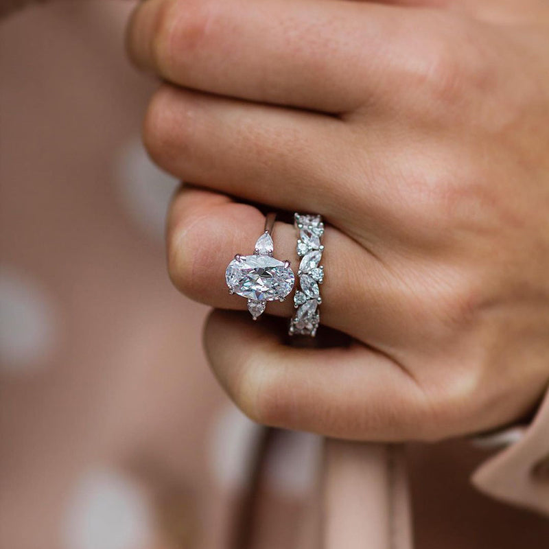 Oval Cut Three Stone Sterling Silver Wedding Bridal Set with Floral Band Shineofdiamond