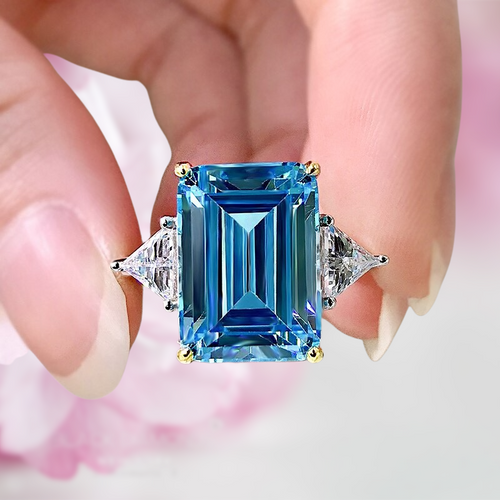 Emerald Cut Sky Blue Gemstone Three Stone Sterling Silver Engagement Ring Shineofdiamond
