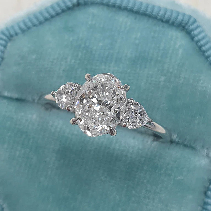 Oval Cut Three Stone Sterling Silver Wedding Bridal Set with Floral Band Shineofdiamond