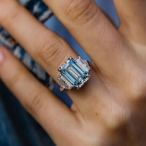 Light Aquamarine Emerald Cut Three Stone Engagement Ring In Sterling Silver hot