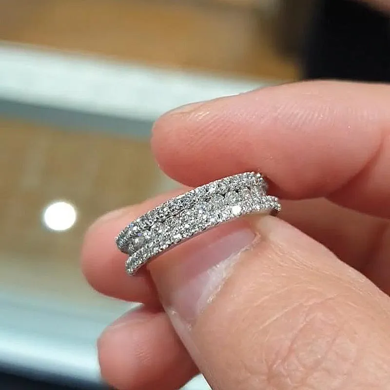 Stunning 3 Row Design Round Cut Sterling Silver Wedding Band Shineofdiamond
