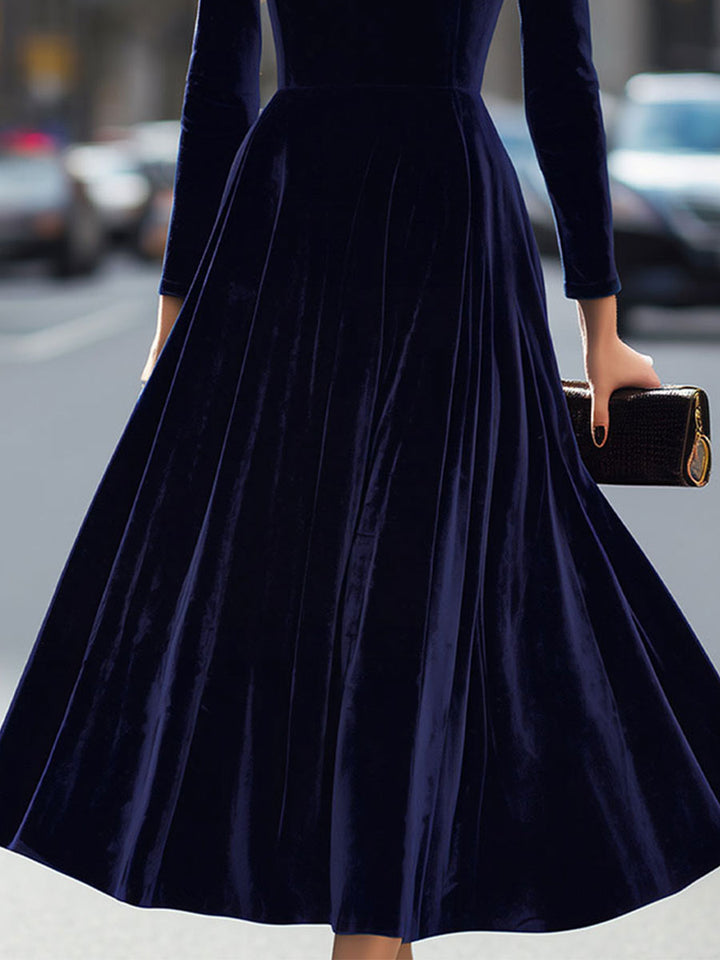 Luxurious   Velvet Long-Sleeve Midi Dress SN