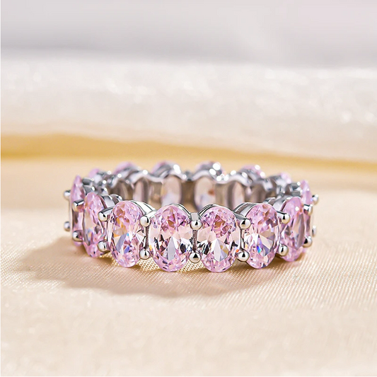 Stunning Oval Cut Pink High-Gemstone Sterling Silver Wedding Band Shineofdiamond