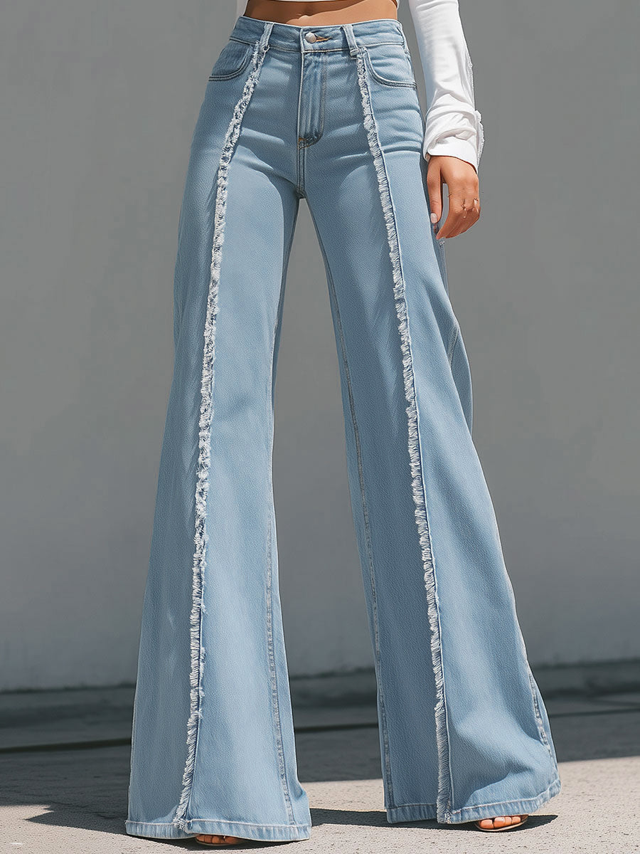 High-Waisted Light Blue Flared Jeans With Raw Edge Seams SN