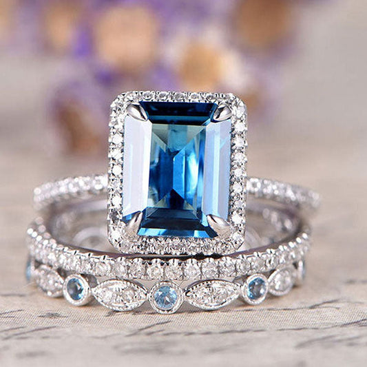 Aquamarine 3-Piece Halo Emerald Cut Sterling Silver Bridal Sets hot