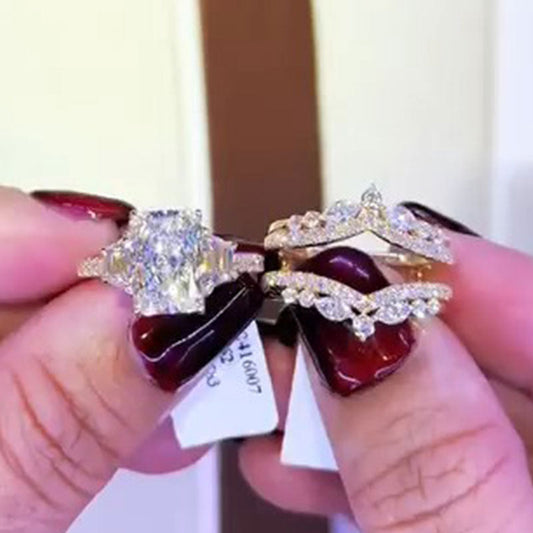 Exquisite 2 PCS Radiant Cut Sterling Silver Bridal Set Shine of Diamond