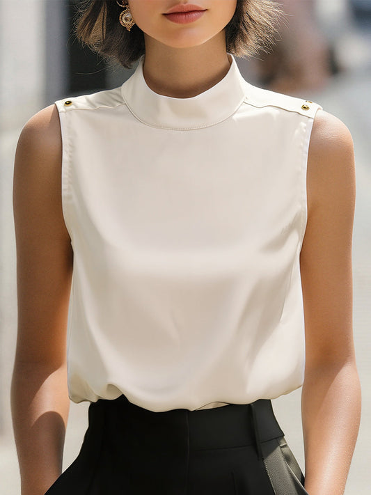 Elegant Ivory High-Neck Sleeveless Satin Blouse MLZ