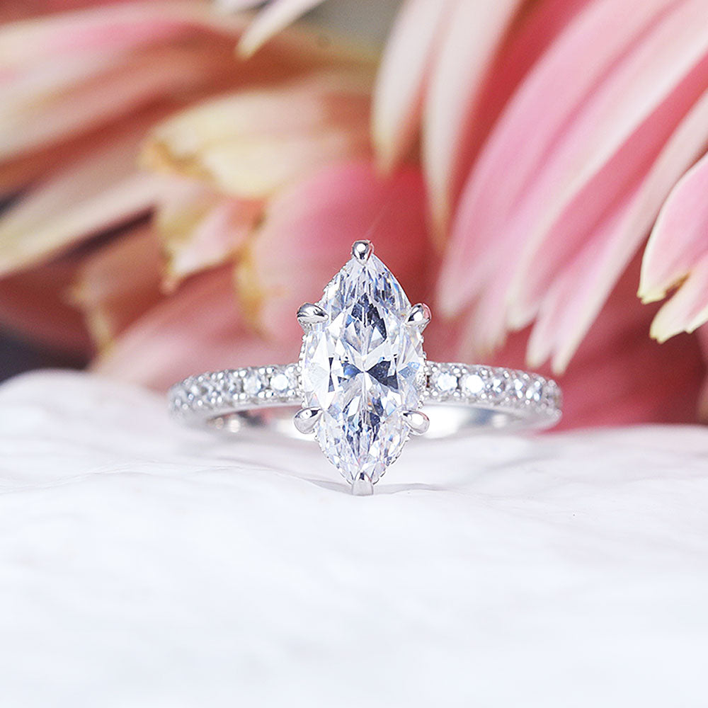 Vintage 2pcs Marquise Cut Sterling Silver Ring Set with Lace Band Shine of Diamond