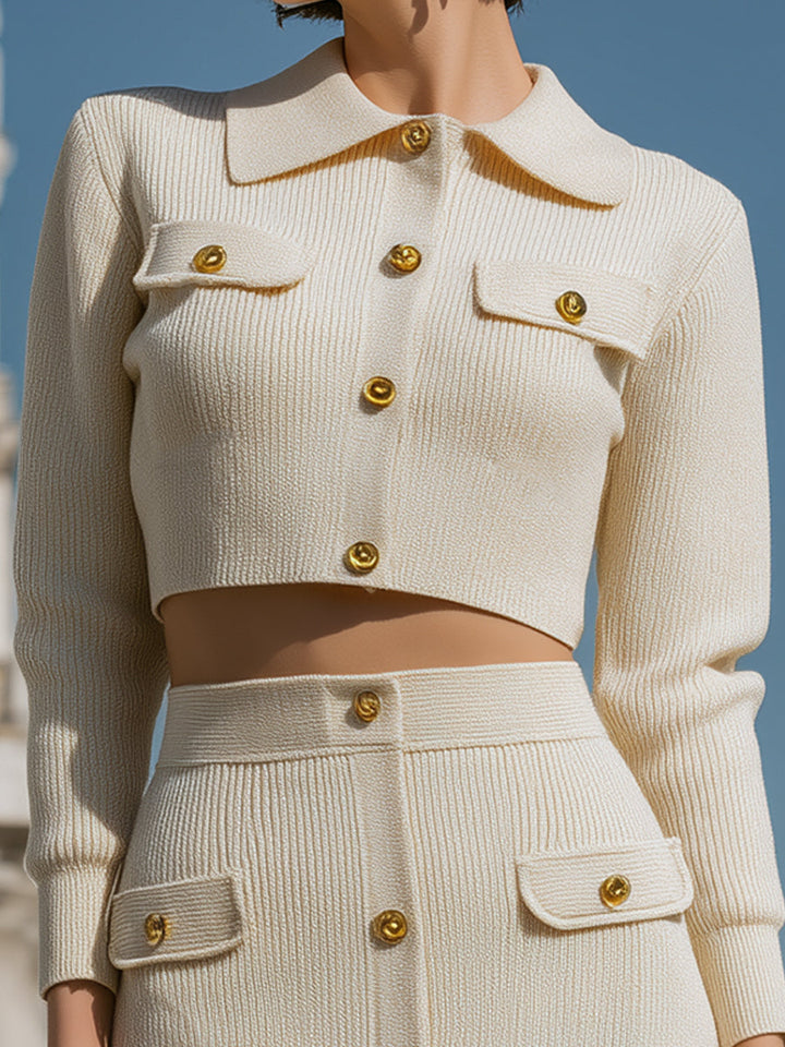 Beige Cropped Knit Top & High-Waist Buttoned Skirt Set ZJ