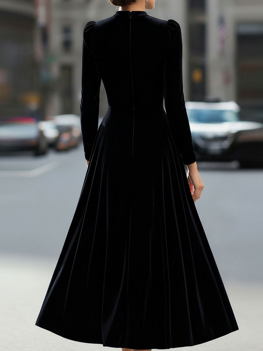 Luxurious   Velvet Long-Sleeve Midi Dress SN