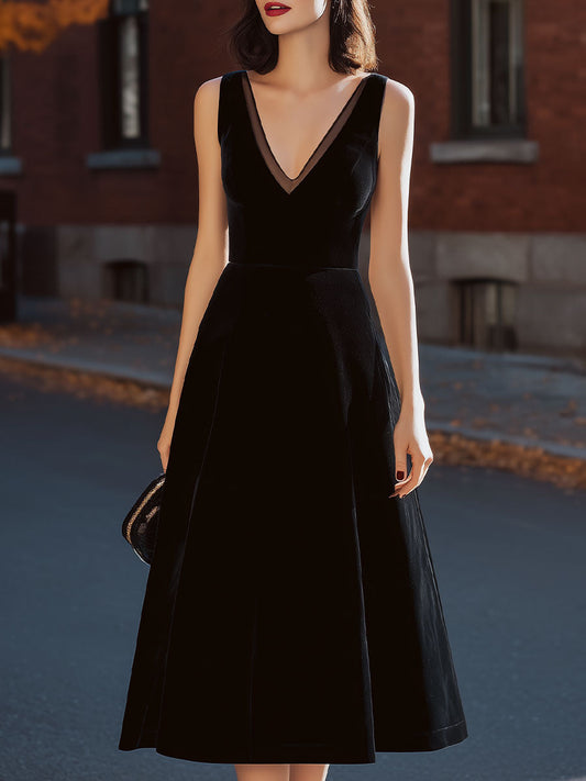Black Velvet Sleeveless Mesh V-Neck Fit & Flare Midi Dress SN