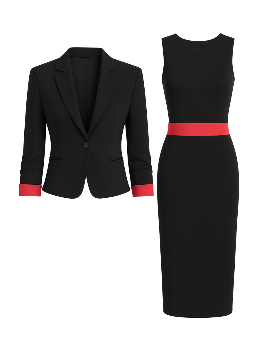 Contrast Trim Blazer & Sleeveless Midi Dress Set MLZ