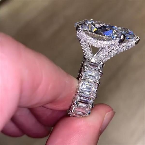 Handmade Pear Cut Sterling Silver Engagement Ring With Emerald Cut Eternity Band Shineofdiamond