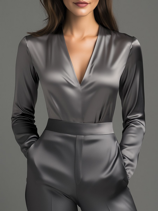 Charcoal Grey Satin Blouse with Subtle Tailored Fit ZJ