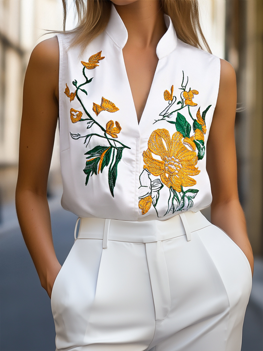 Sleeveless Blouse with Yellow Floral Embroidery ZJ