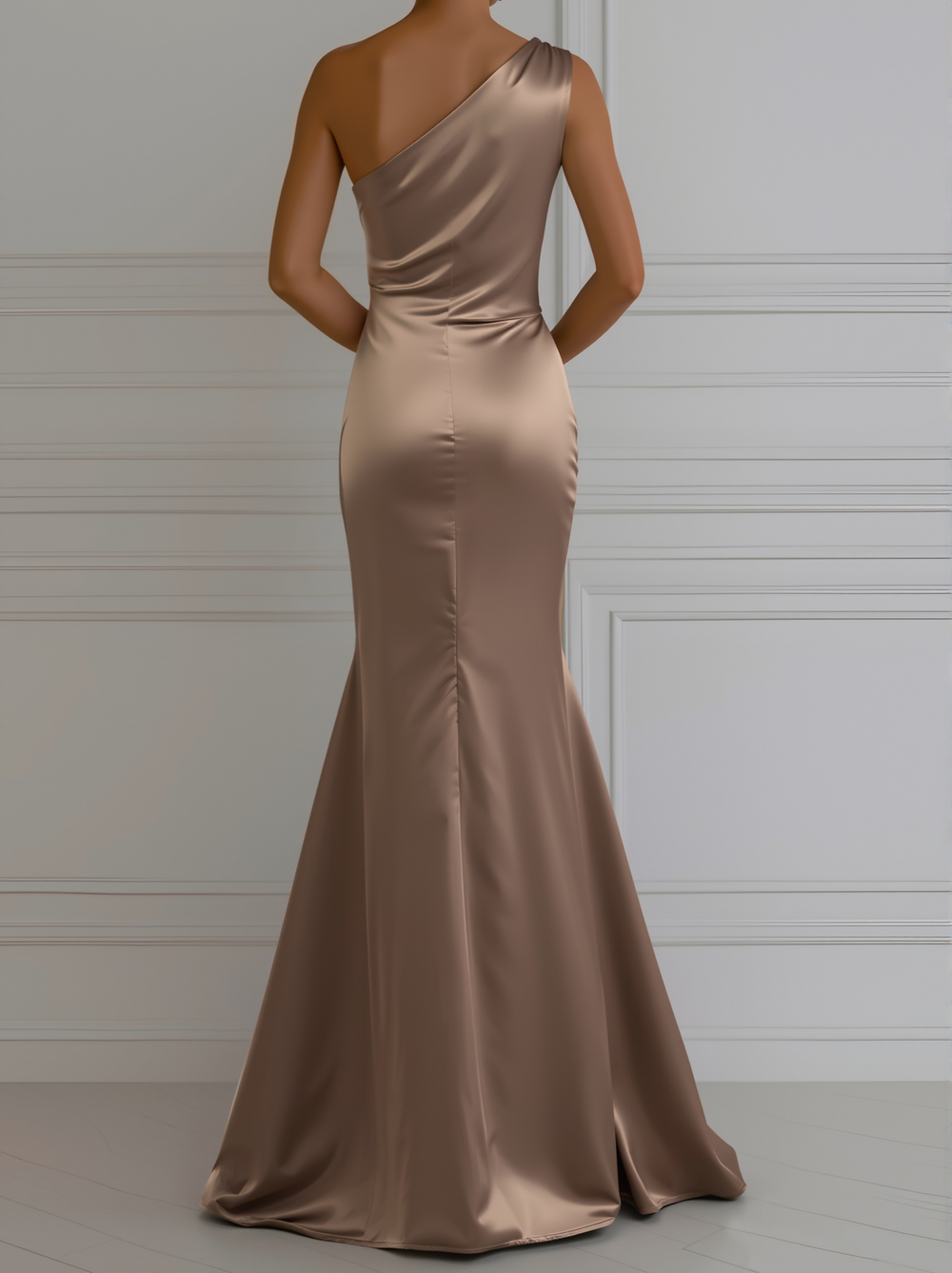 Champagne Satin One-Shoulder Gown ZJ