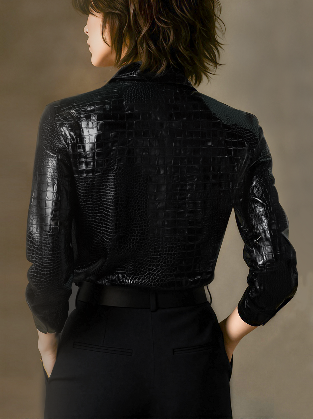 Glossy Black Crocodile Embossed Shirt ZJ
