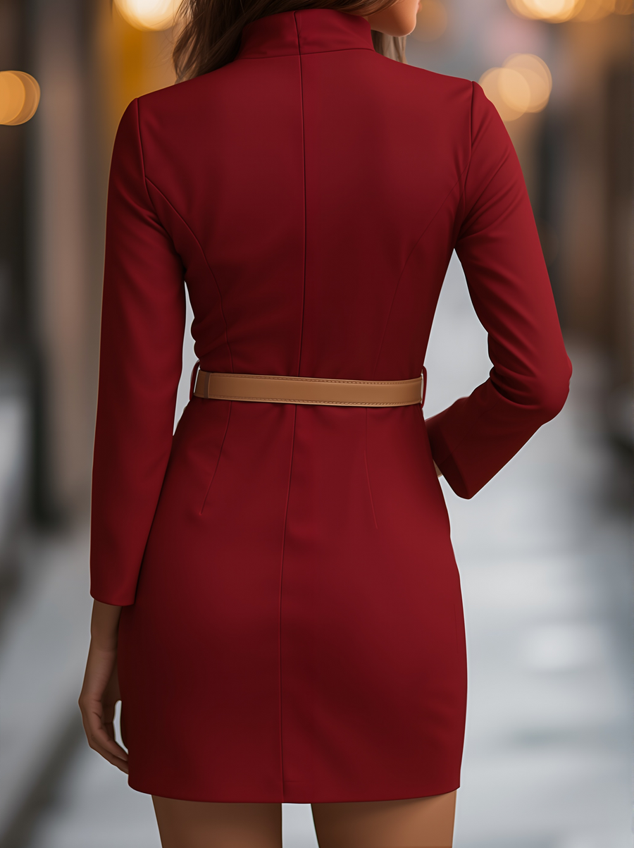 Elegant White Mandarin Collar Dress with Belt Design ZJ