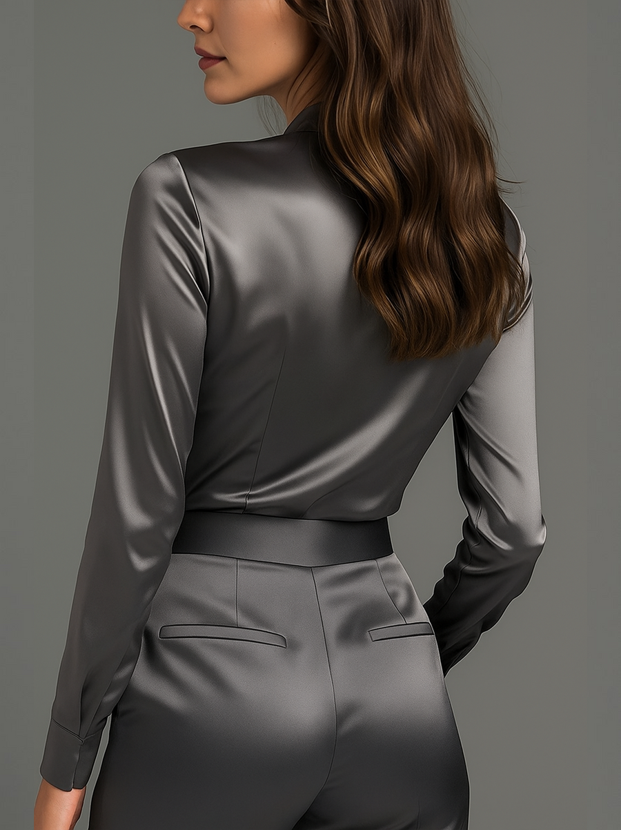 Charcoal Grey Satin Blouse with Subtle Tailored Fit ZJ