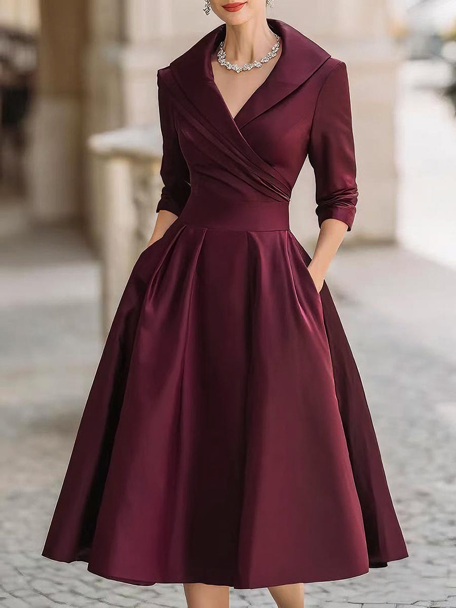 Vintage-Inspired Satin Midi Dress With Draped Collar HWT
