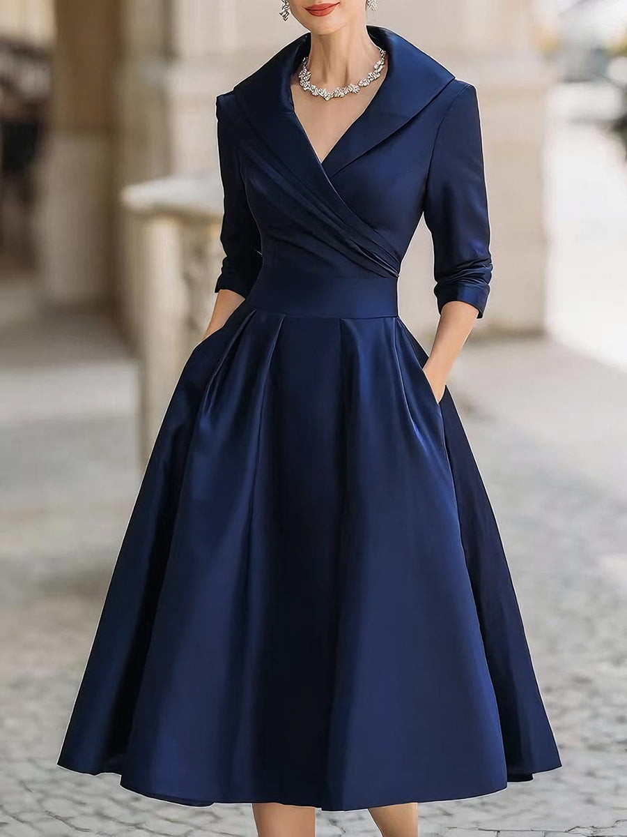 Vintage-Inspired Satin Midi Dress With Draped Collar HWT