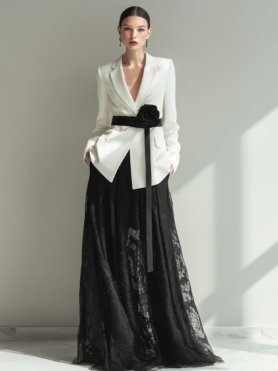 Elegant Two-Piece Tailored Blazer & Lace Maxi Skirt Set ZJ