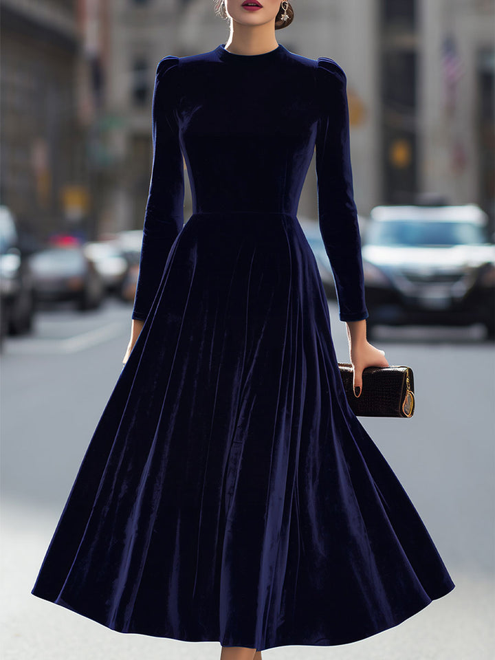 Luxurious   Velvet Long-Sleeve Midi Dress SN
