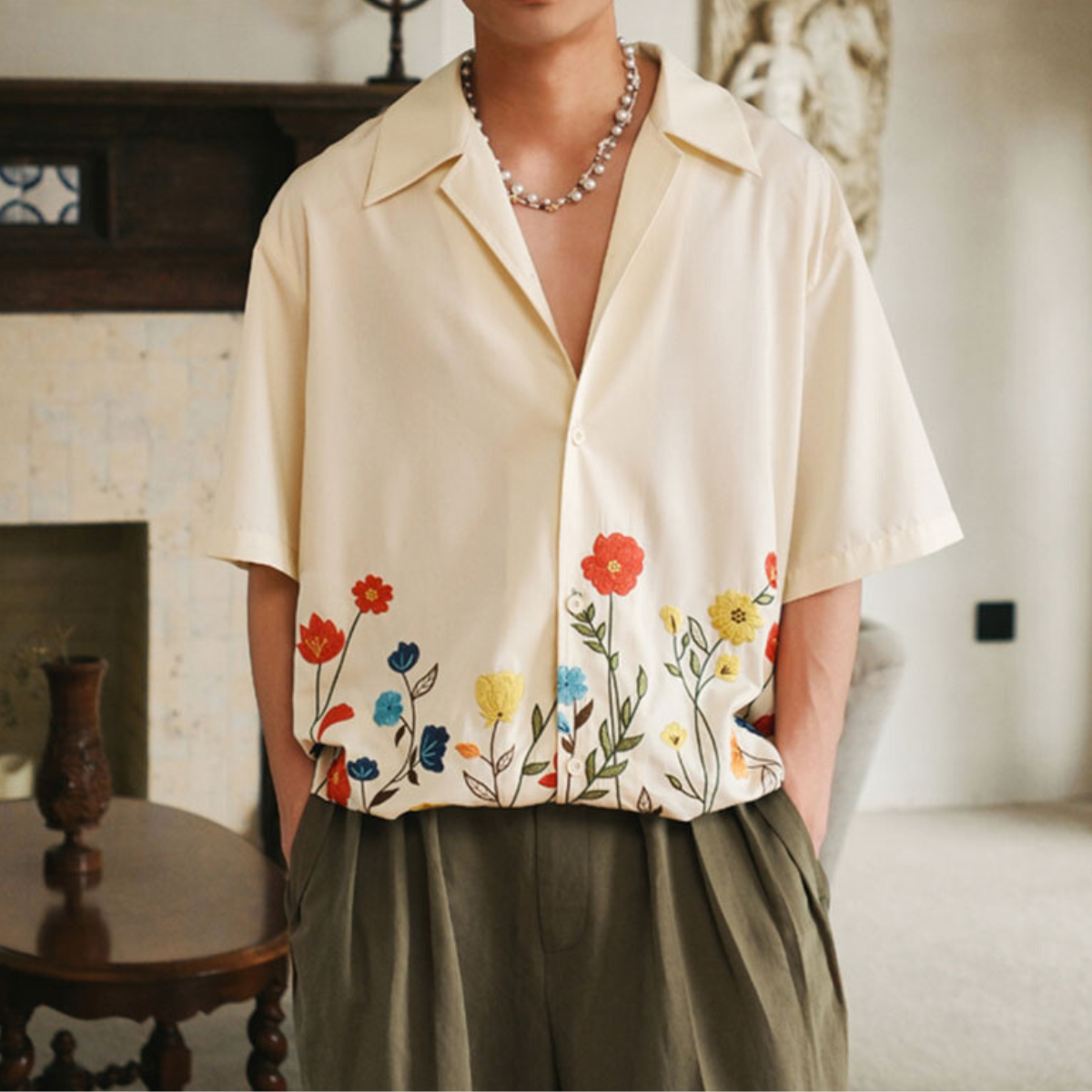 Navy Floral Print Button-Down - Shirt
