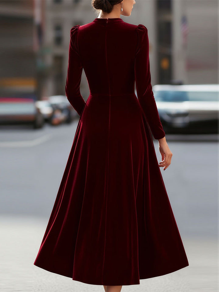 Luxurious   Velvet Long-Sleeve Midi Dress SN