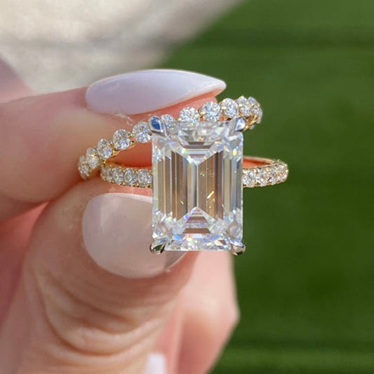 5.0CT Golden Tone Emerald Cut Hidden Halo Wedding Bridal Set Shineofdiamond