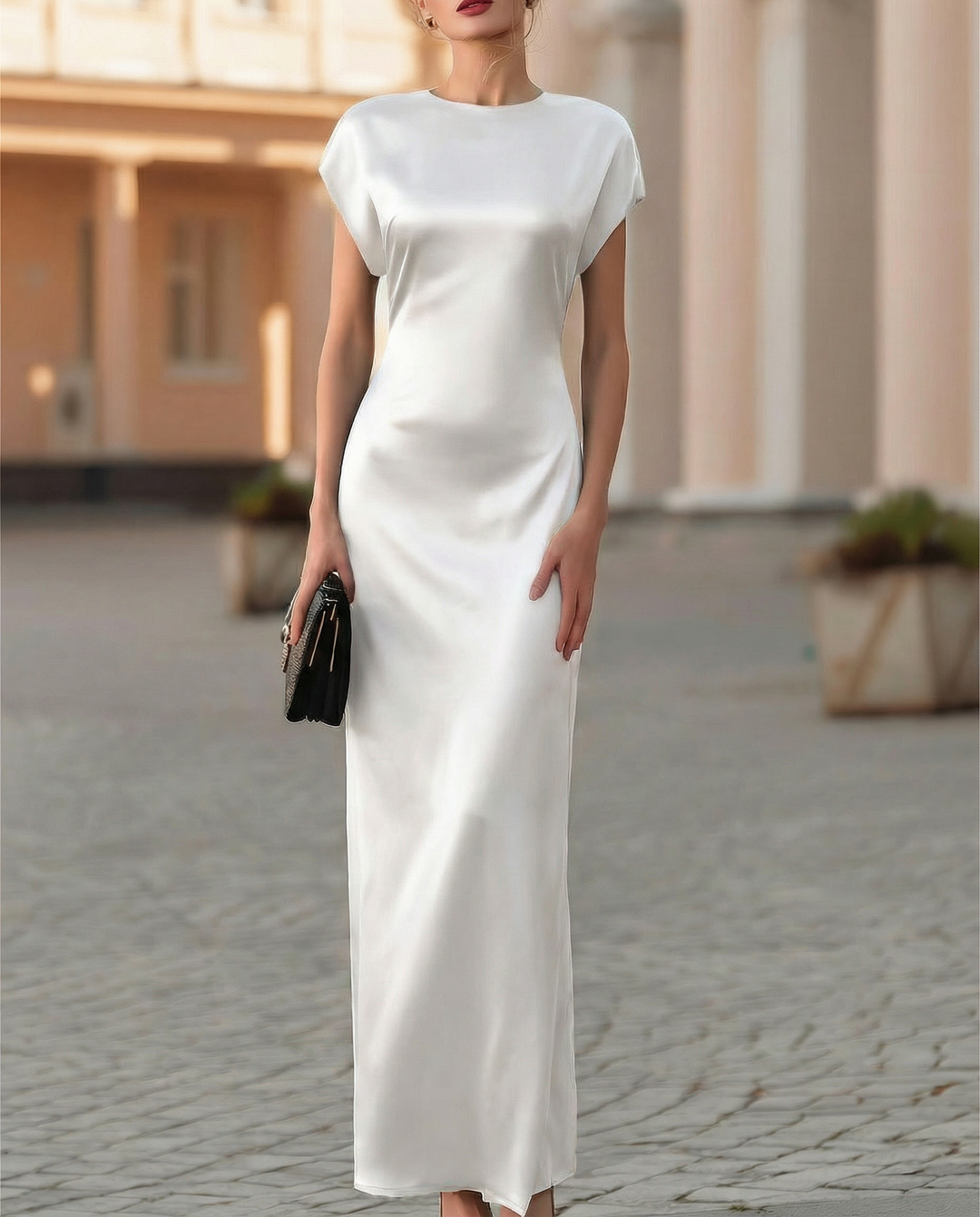 Elegant Black Satin Waist-Tie Column Midi Dress