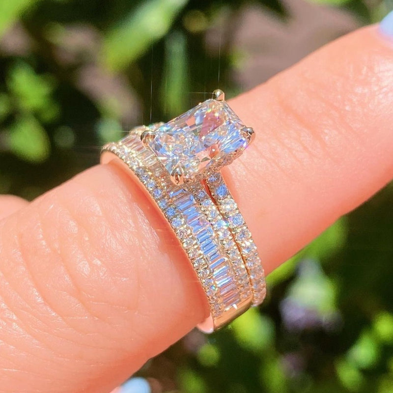 2PCS Radiant Cut Ring With Baguette Band Bridal Set in Sterling Silver Shineofdiamond