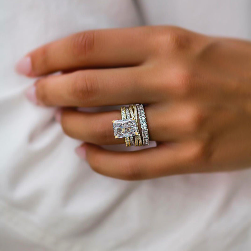 4pcs Classic Golden Tone Radiant Cut Sterling Silver Bridal Set with Two Tone Band Shineofdiamond