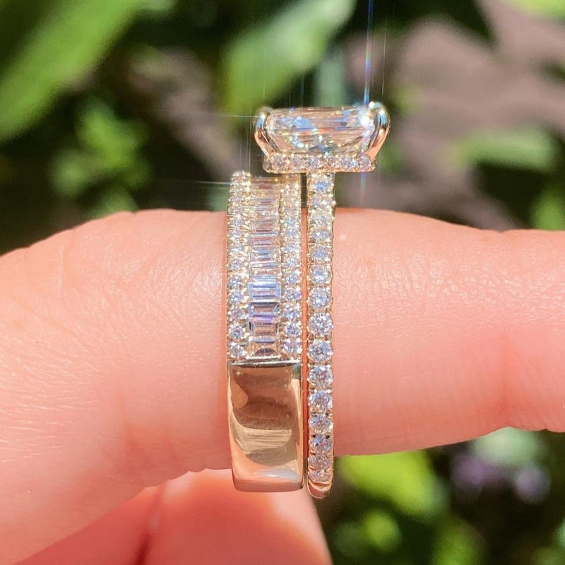 2PCS Radiant Cut Ring With Baguette Band Bridal Set in Sterling Silver Shineofdiamond
