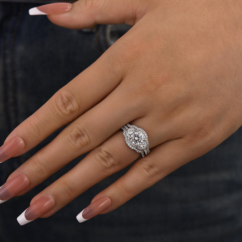 Exquisite Halo Round Cut Three Stone Sterling Silver Bridal Set Shineofdiamond