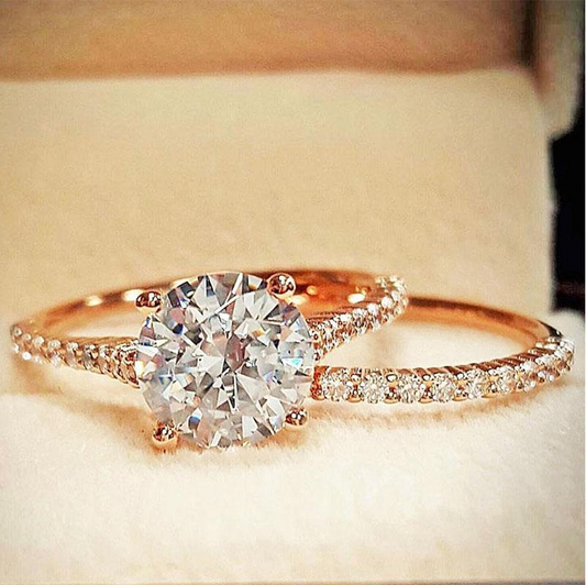 Rose Golden Tone Classic 4 Prong Round Cut Sterling Silver Bridal Set Shineofidamond