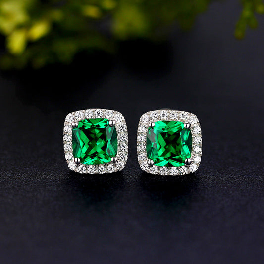 Retro Emeralds Cut Halo Stud Earrings in 18K Platinum Plated Sterling Silver shine of diamond