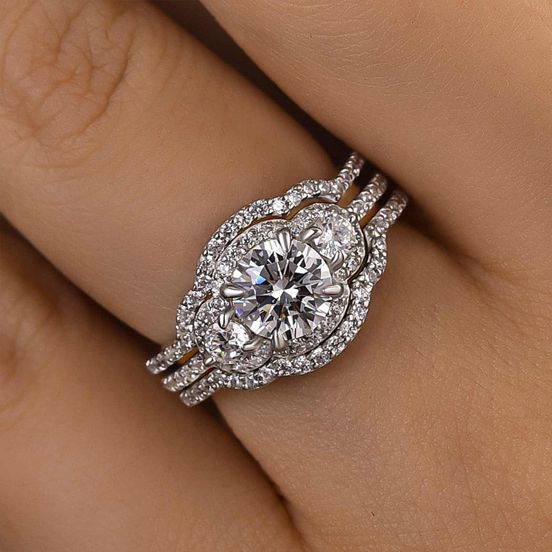 Exquisite Halo Round Cut Three Stone Sterling Silver Bridal Set Shineofdiamond