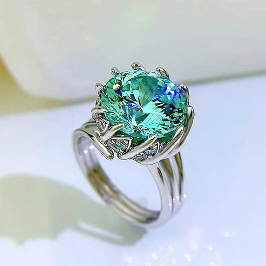 Unique Design Round Cut Green Moissanite Sterling Silver Engagement Ring Shineofdiamond